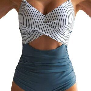 NWT Women's One Piece Swimsuit L Striped Tummy Control